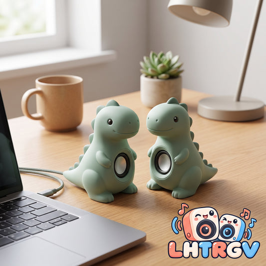 LHTRGV Cute Dinosaur Dual Desktop Speakers – USB-Powered Mini 2.0 Stereo Sound System for PC & Laptop, Aesthetic Pastel Green Dino Desk Decor (Pair)