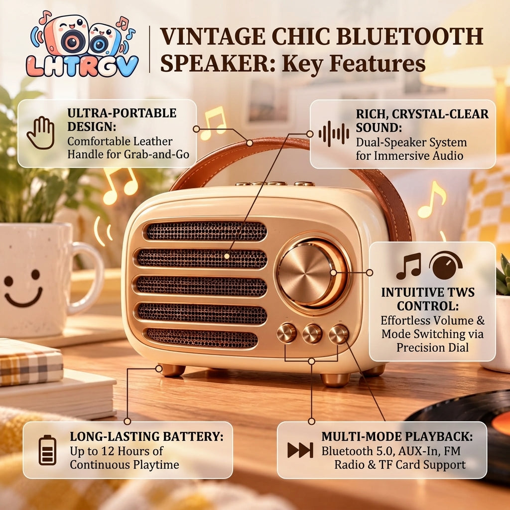 LHTRGV Retro Bluetooth Speaker, Vintage Portable Wireless FM Radio with Leather Handle & Deep Bass, Cream Gold - image 3