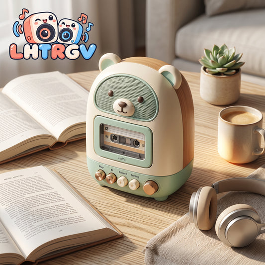 LHTRGV Retro Bear Cassette Tape Player & Portable Audio Speaker – Vintage Pastel Desktop Player with Recording & Tuning (Mint Green & Wood Grain)