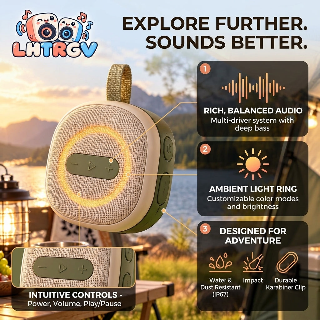 LHTRGV Portable Outdoor Bluetooth Speaker with Warm Ambient Ring Light & Carabiner Clip, Fabric Wireless Camp Speaker - image 3