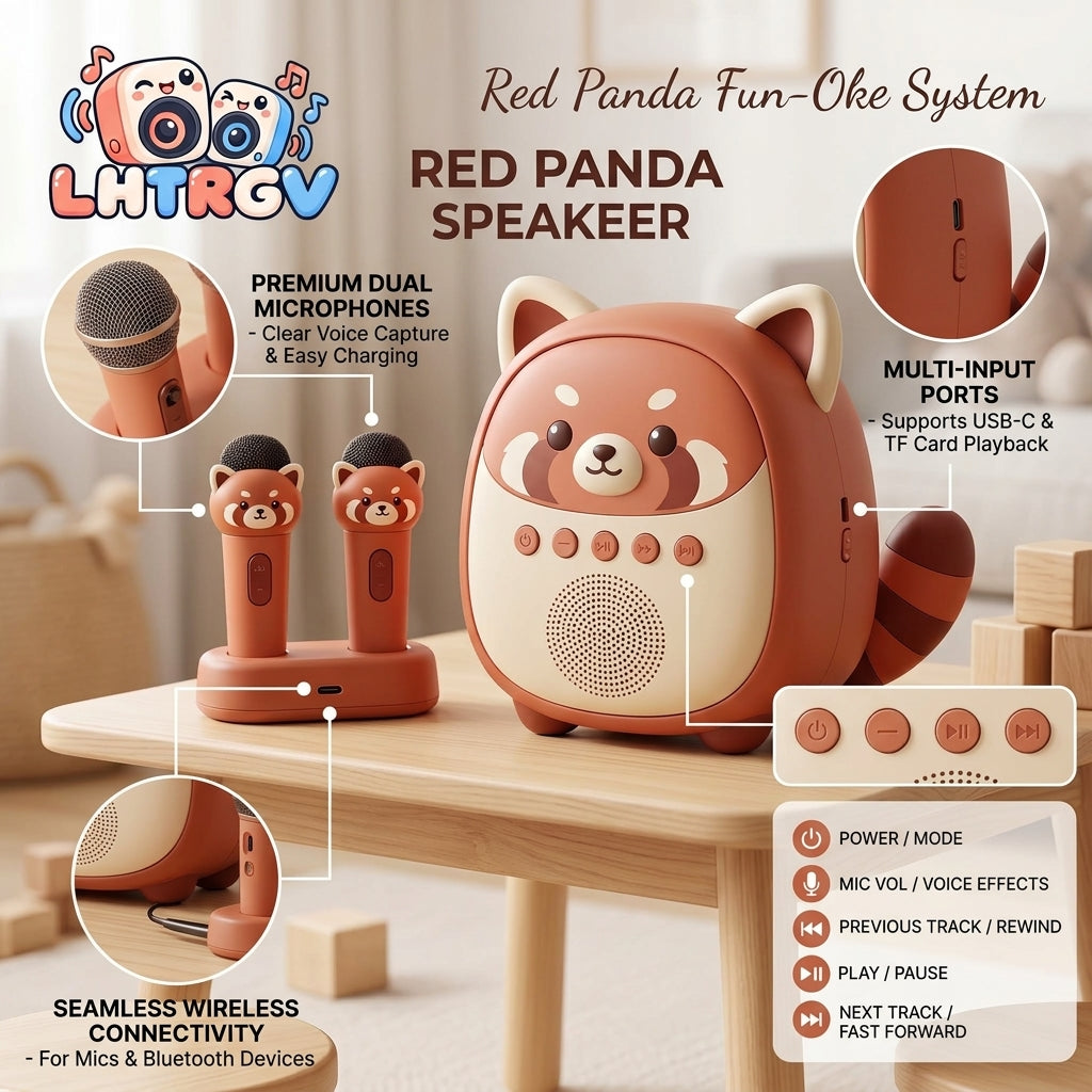LHTRGV Kids Karaoke Machine with 2 Wireless Microphones & Charging Dock – Cute Red Panda Bluetooth Speaker for Toddlers & Children - image 3