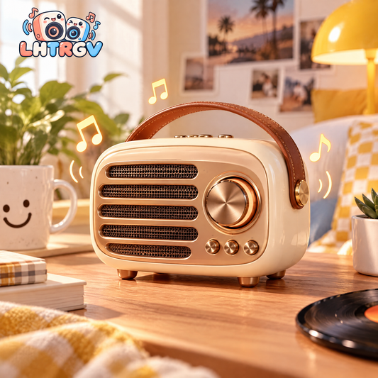 LHTRGV Retro Bluetooth Speaker, Vintage Portable Wireless FM Radio with Leather Handle & Deep Bass, Cream Gold