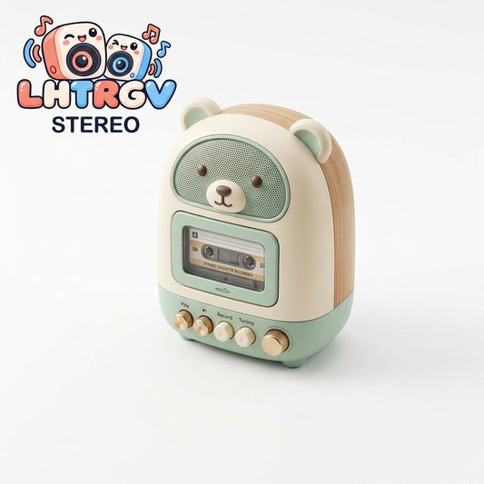 LHTRGV Retro Bear Cassette Tape Player & Portable Audio Speaker – Vintage Pastel Desktop Player with Recording & Tuning (Mint Green & Wood Grain) - image 4
