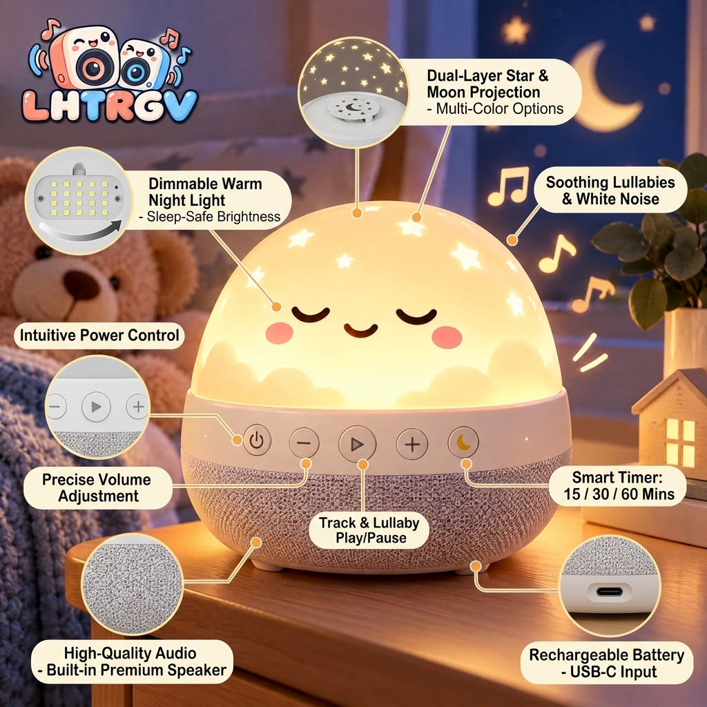 LHTRGV Baby Sound Machine & Starry Night Light – Cute Cloud Bedside Sleep Soother with Soothing Sounds & Fabric Speaker Base for Nursery, Newborns & Toddlers - image 3